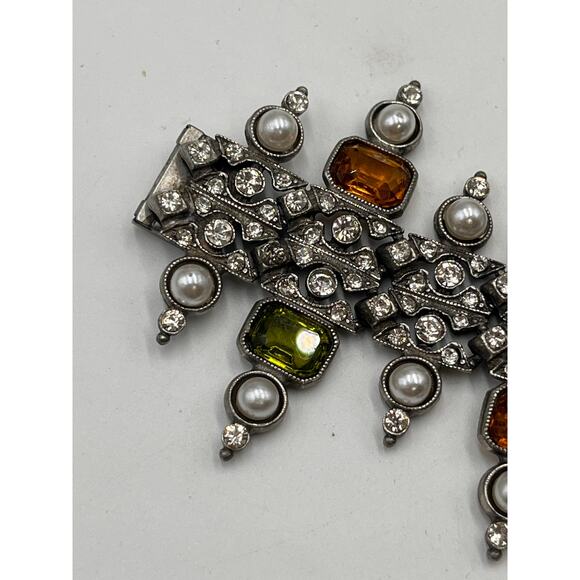 Ben-Amun Vntg Designer Multicolor Crystal White Pearl Art Deco Fringe Bracelet - Picture 8 of 12